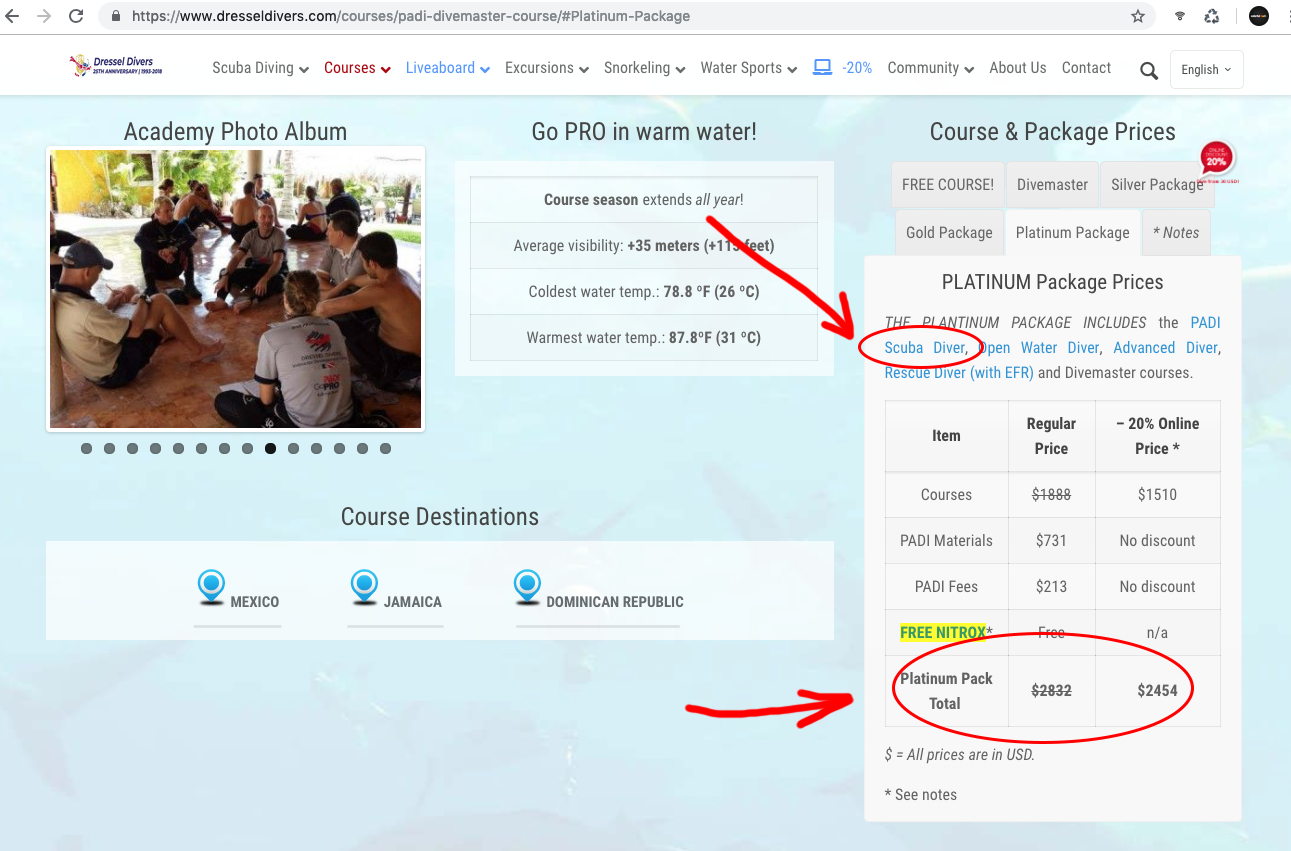 Dressel Divers does not accurately list their Divemaster Internship prices