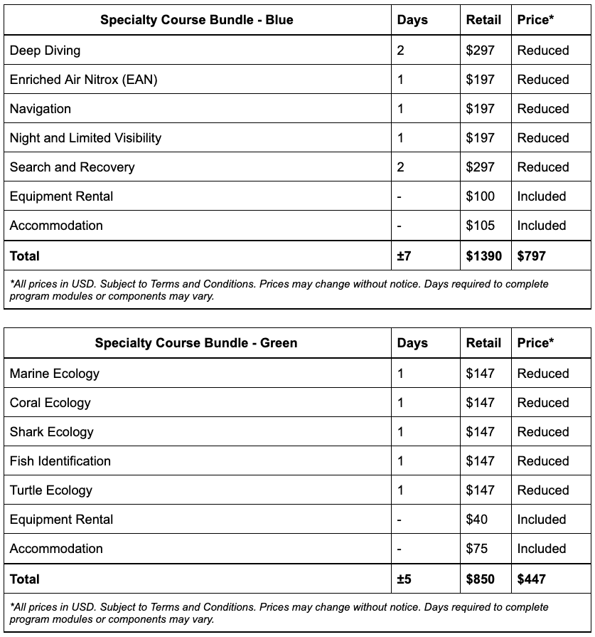 Divemaster Internship Prices - Bundles